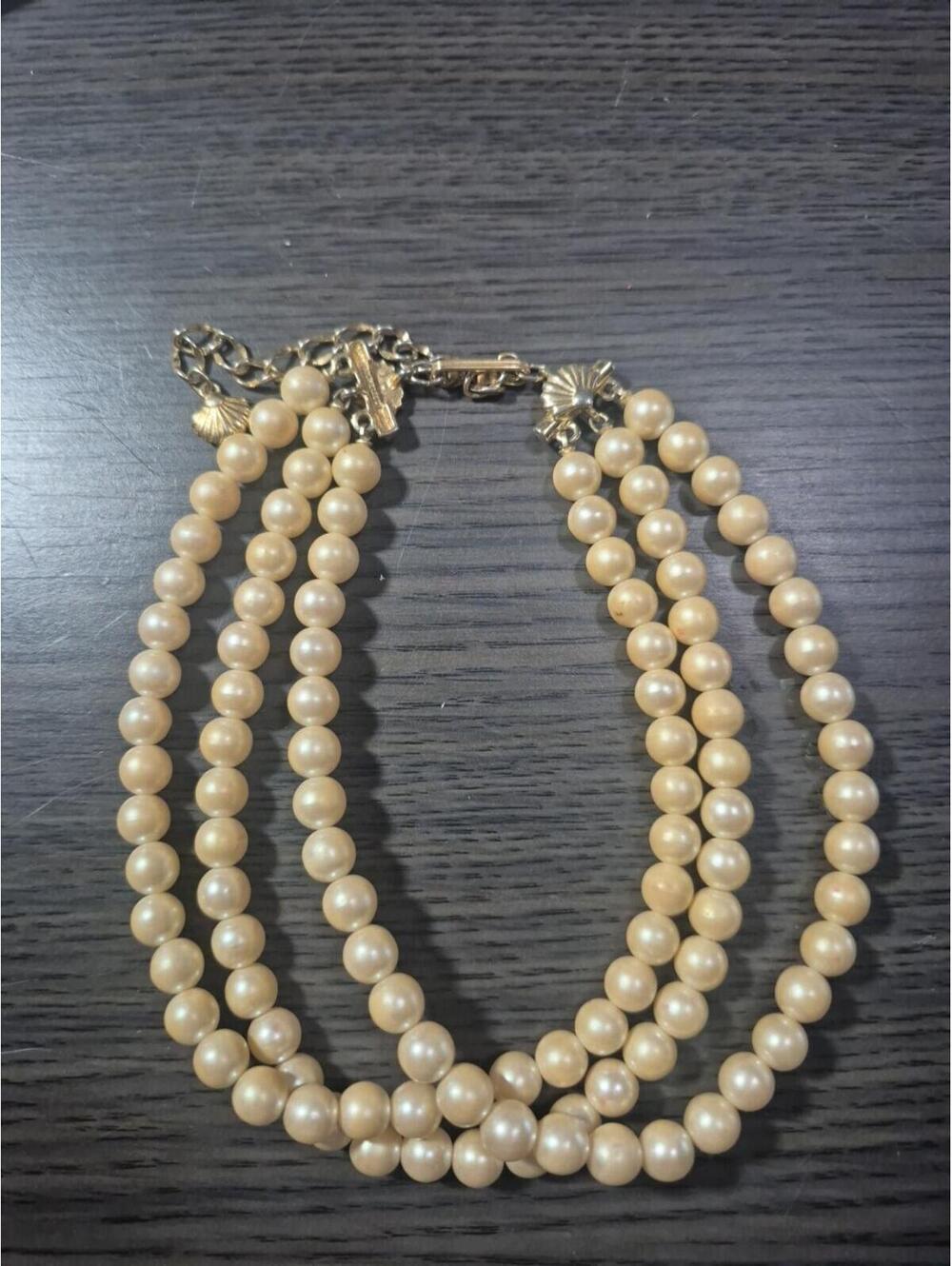 Vintage Richelieu 3 Stand Faux Pearl 15” Choker Necklace Gold Tone Clasp Signed